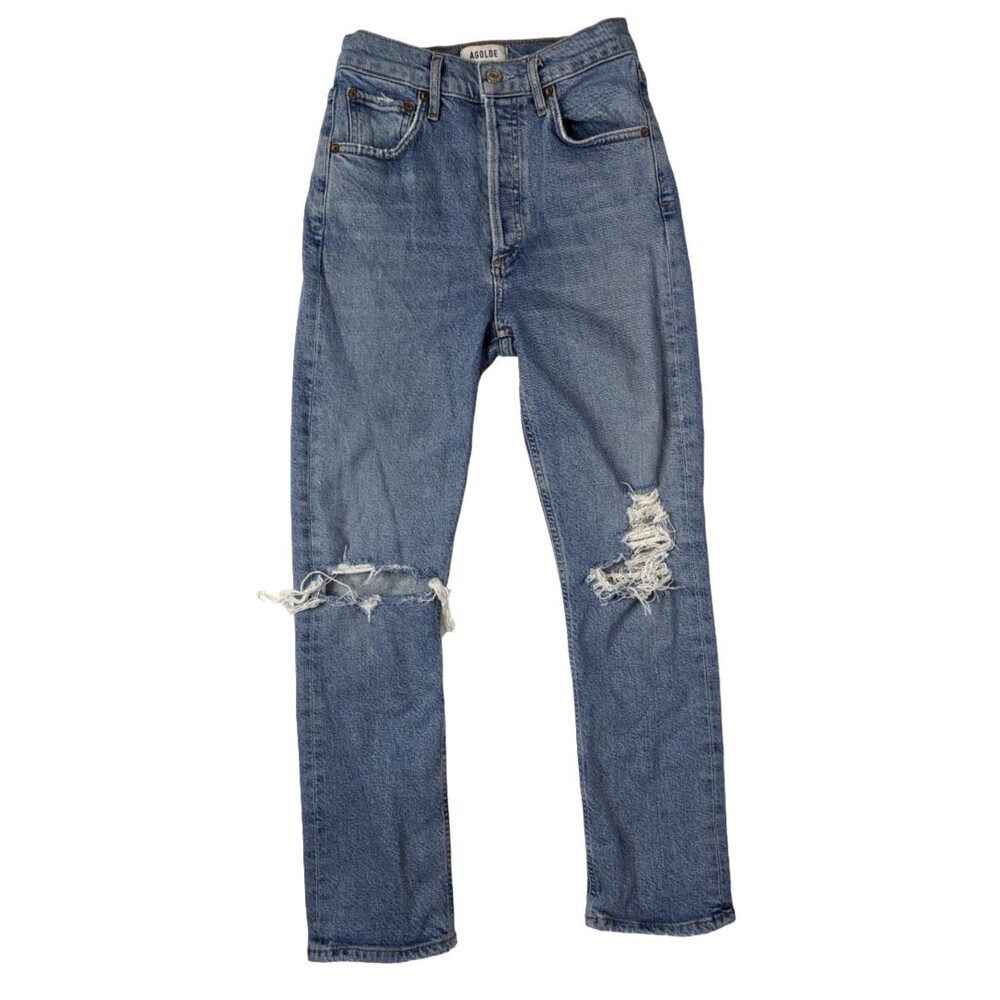AGOLDE Womens Riley High Rise Straight Crop Jeans Size 24 Blue Distressed Denim
